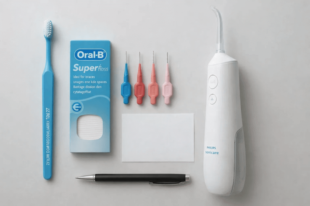 Zestaw do higieny jamy ustnej: niebieska szczoteczka, nici dentystyczne Oral-B Super Floss, szczoteczki międzyzębowe oraz irygator Philips Sonicare na jasnym tle.