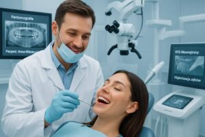 Lekarz stomatolog w maseczce i rękawiczkach przeprowadza badanie kontrolne uśmiechniętej pacjentki przy użyciu lusterka dentystycznego w nowoczesnym gabinecie.