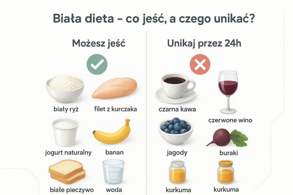 Infografika "Biała dieta – co jeść, a czego unikać?" przedstawiająca produkty dozwolone (np. ryż, banan) oraz zakazane przez 24h (np. kawa, wino, jagody).