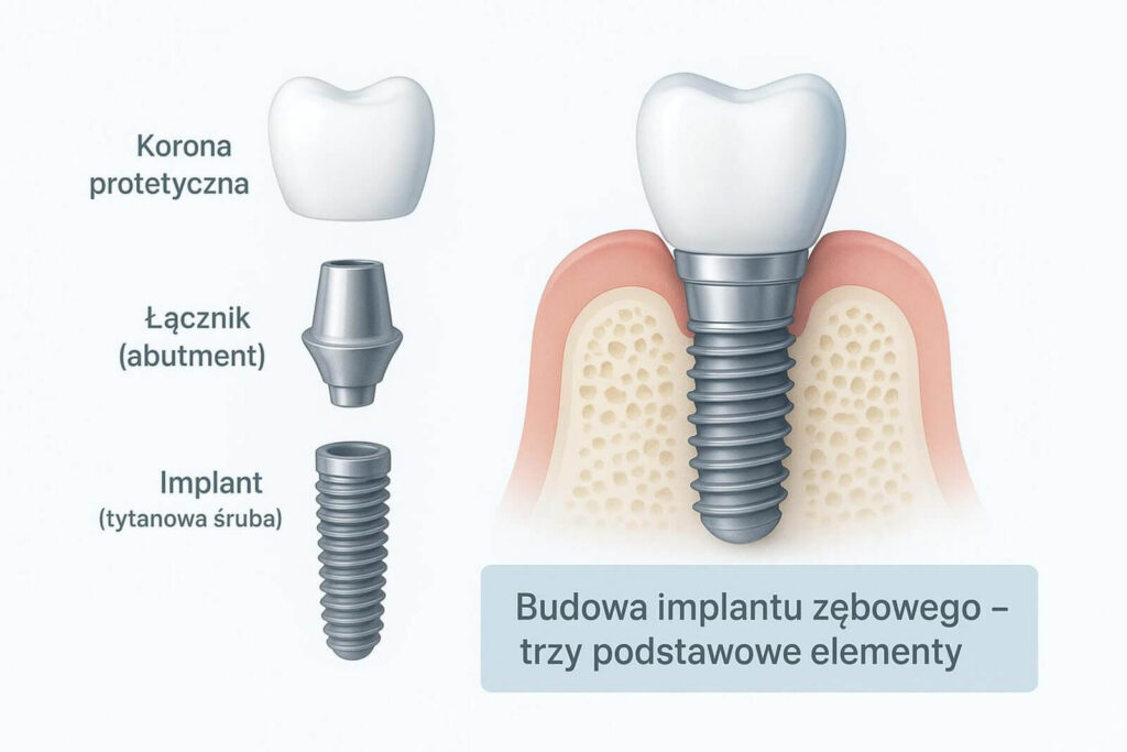 Schemat przedstawiający trzy podstawowe elementy budowy implantu zębowego: tytanową śrubę, łącznik (abutment) oraz koronę protetyczną na tle przekroju dziąsła.