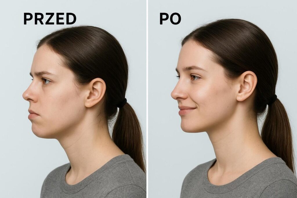 Zdjęcia profilowe pacjentki przed i po operacji ortognatycznej, pokazujące wyraźną poprawę proporcji twarzy, wysunięcie żuchwy oraz zmianę wyrazu ust.