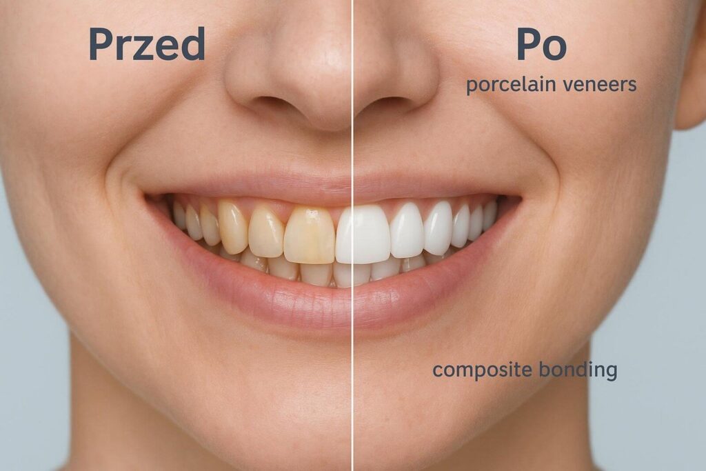 Porównanie uśmiechu przed i po zabiegu: lewa strona pokazuje zżółknięte zęby, a prawa efekt końcowy z wykorzystaniem licówek porcelanowych oraz bondingu kompozytowego.