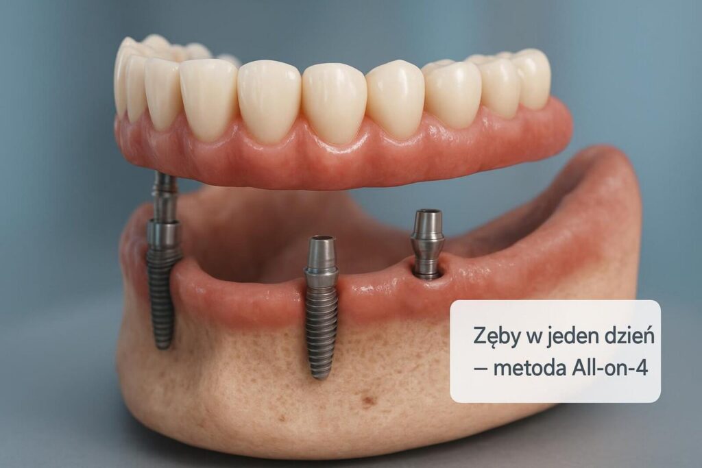 Model szczęki z czterema implantami tytanowymi podtrzymującymi pełną protezę zębową – metoda All-on-4.