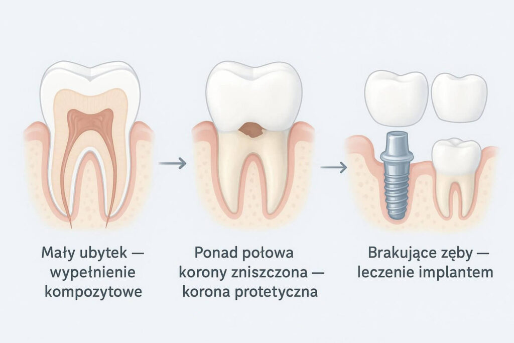 Infografika pokazująca trzy etapy: mały ubytek leczony wypełnieniem kompozytowym, zniszczona korona leczona koroną protetyczną oraz brak zęba leczony implantem.