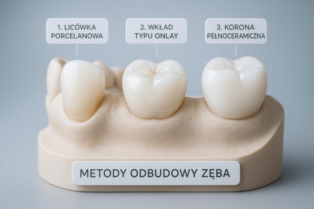 Infografika na modelu stomatologicznym prezentująca trzy metody odbudowy: licówkę porcelanową, wkład typu onlay oraz koronę pełnoceramiczną.