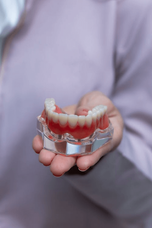 Dłoń trzymająca przezroczysty model stomatologiczny z osadzoną pełną protezą zębową dolnej szczęki.
