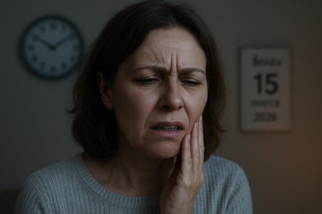 Kobieta z wyraźnym grymasem bólu trzymająca się za policzek w ciemnym pokoju.