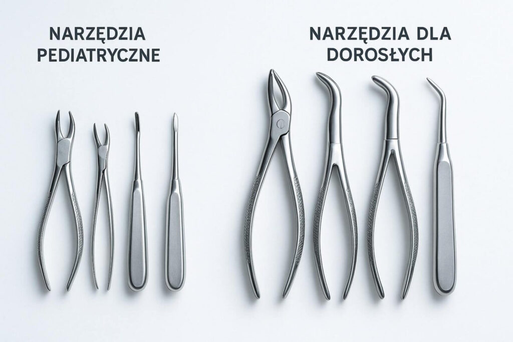 Zestawienie metalowych kleszczy i dźwigni stomatologicznych: mniejsze narzędzia pediatryczne po lewej oraz większe narzędzia dla dorosłych po prawej.