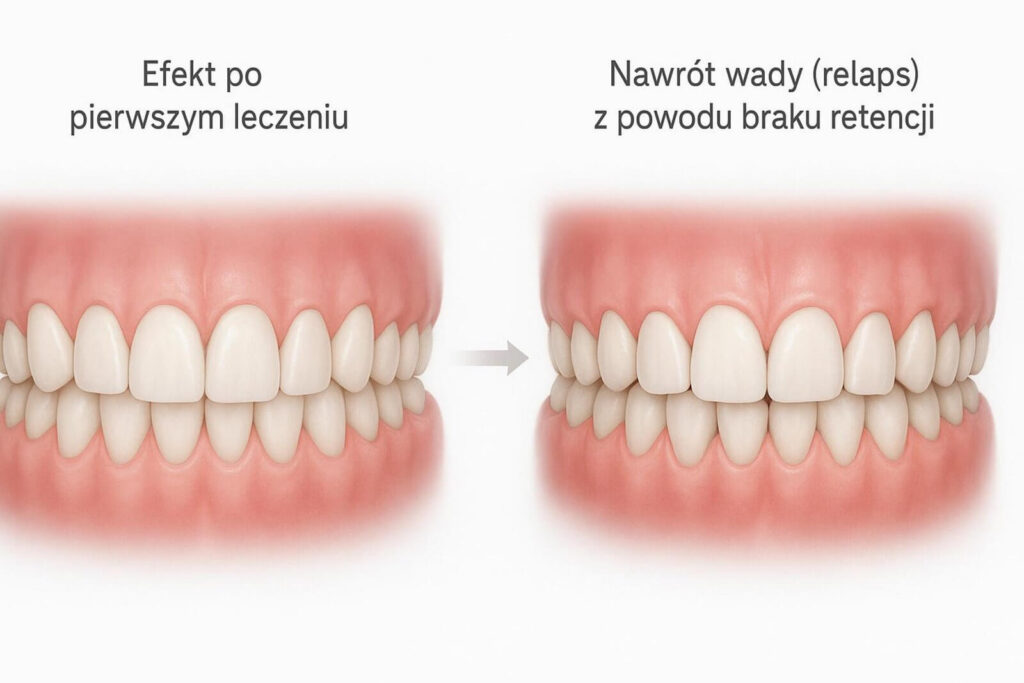 Porównanie dwóch modeli uzębienia: idealnie prostych zębów po leczeniu oraz zębów z widoczną szparą po nawrocie wady (relaps).
