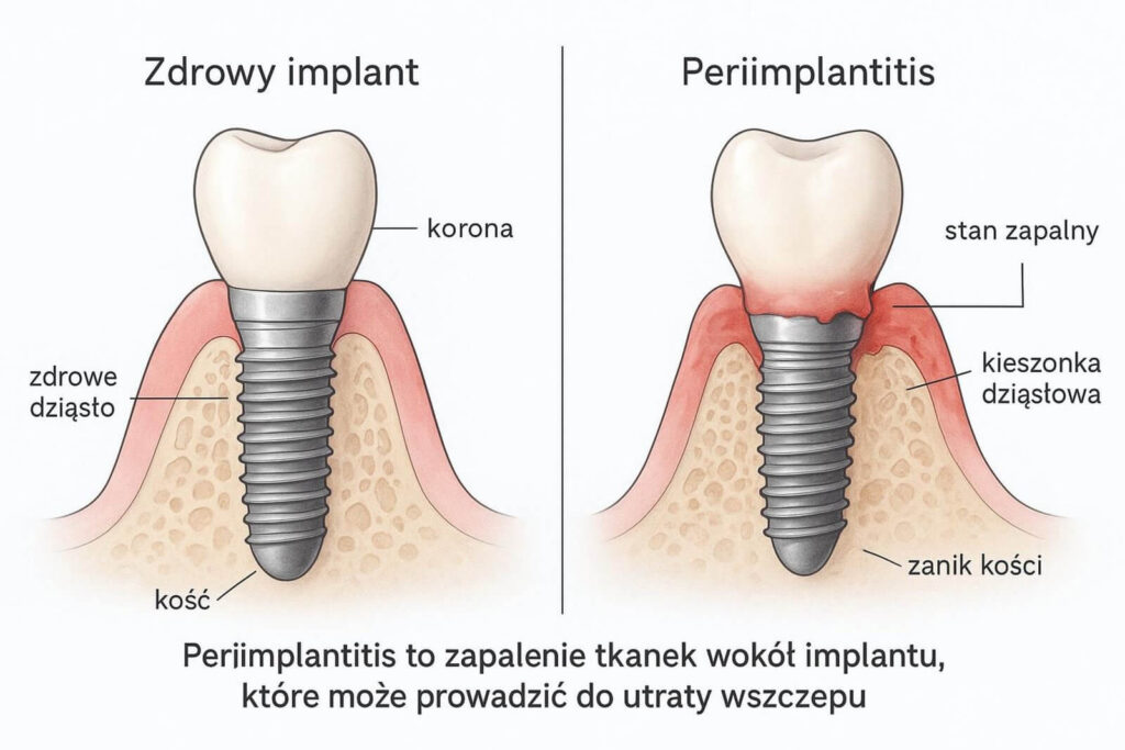 Schematyczna infografika porównująca zdrowy implant zębowy z periimplantitis, pokazująca stan zapalny dziąsła, kieszonkę dziąsłową oraz zanik kości wokół wszczepu.