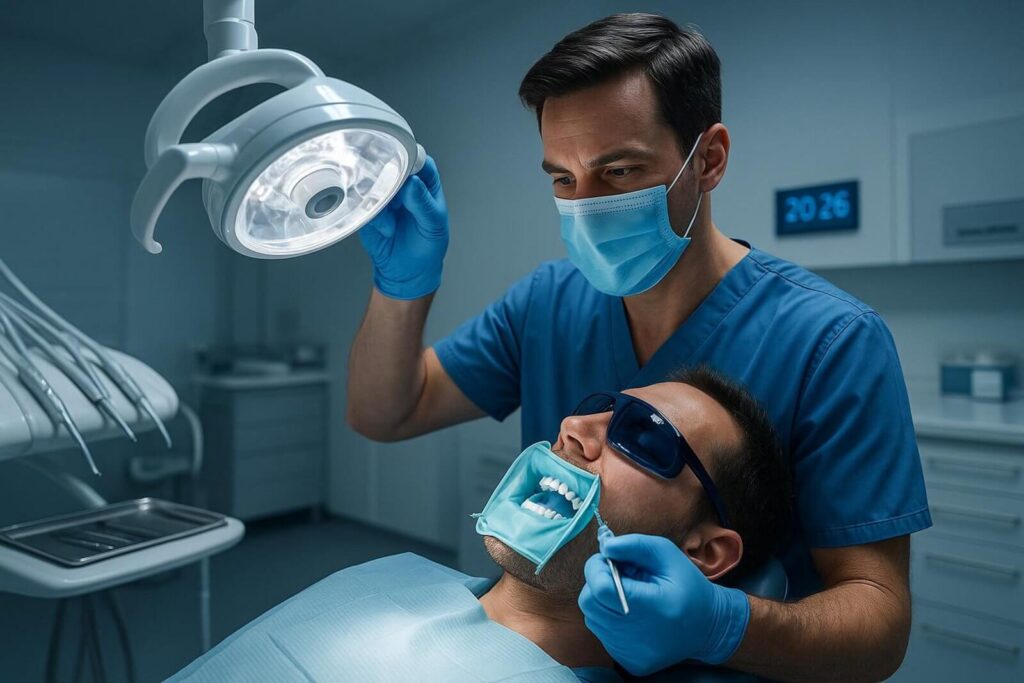 Stomatolog w niebieskim stroju ochronnym i maseczce wykonuje zabieg naświetlania zębów u pacjenta zabezpieczonego koferdamem.