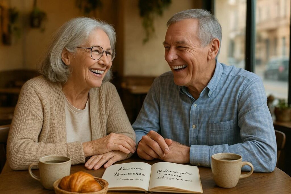 Uśmiechnięta starsza para siedzi przy stoliku w kawiarni.