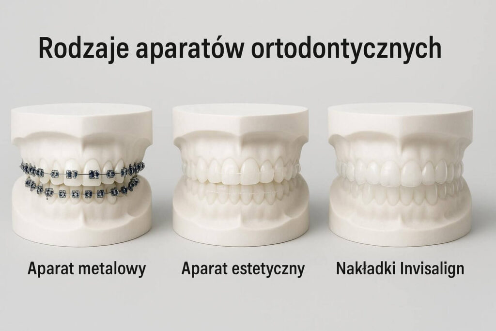 Trzy modele uzębienia prezentujące różne systemy prostowania zębów: aparat metalowy z zamkami, aparat estetyczny oraz przezroczyste nakładki Invisalign.