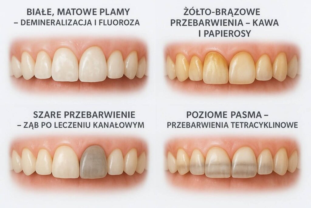 Infografika prezentująca cztery typy zmian na zębach: białe plamy demineralizacji, żółte osady z kawy, szary ząb po leczeniu kanałowym oraz poziome pasma tetracyklinowe.