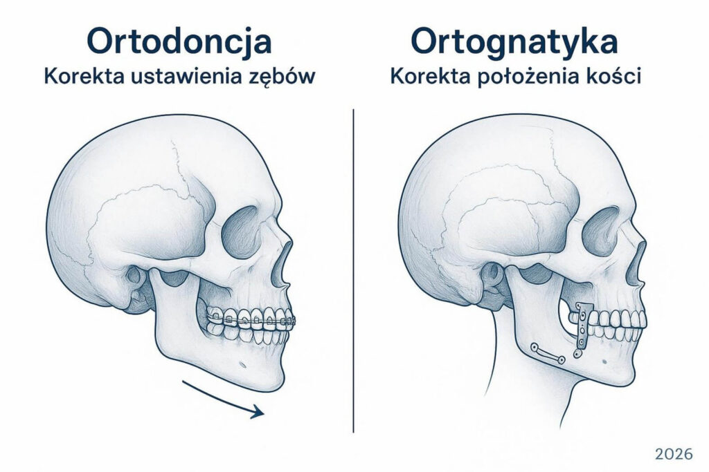 Schematyczny rysunek czaszki porównujący ortodoncję, czyli prostowanie zębów aparatem, z ortognatyką, polegającą na chirurgicznej korekcie położenia kości szczęki i żuchwy.