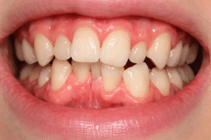 Zbliżenie na stłoczone zęby dolnej i górnej szczęki wymagające korekty ortodontycznej.