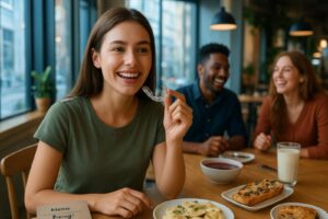 Młoda kobieta siedząca przy stole w restauracji z przyjaciółmi, trzymająca w dłoni przezroczystą nakładkę prostującą zęby przed rozpoczęciem posiłku.
