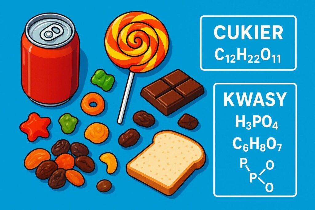 Infografika przedstawiająca produkty szkodliwe dla zębów, takie jak słodki napój, lizak i czekolada, wraz ze wzorami chemicznymi cukru oraz kwasów.