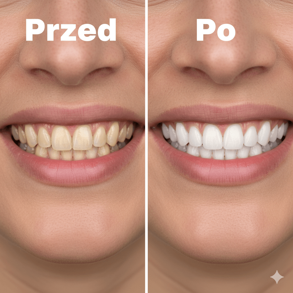 Zestawienie typu "Przed i Po" przedstawiające uśmiech pacjentki: po lewej zęby z naturalnym żółtym odcieniem, po prawej zęby po profesjonalnym wybielaniu, o kilka tonów jaśniejsze i białe.
