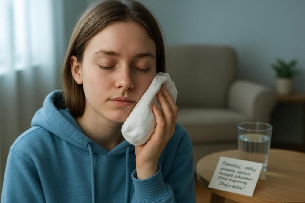 Młoda kobieta w niebieskiej bluzie trzymająca biały okład przy policzku.