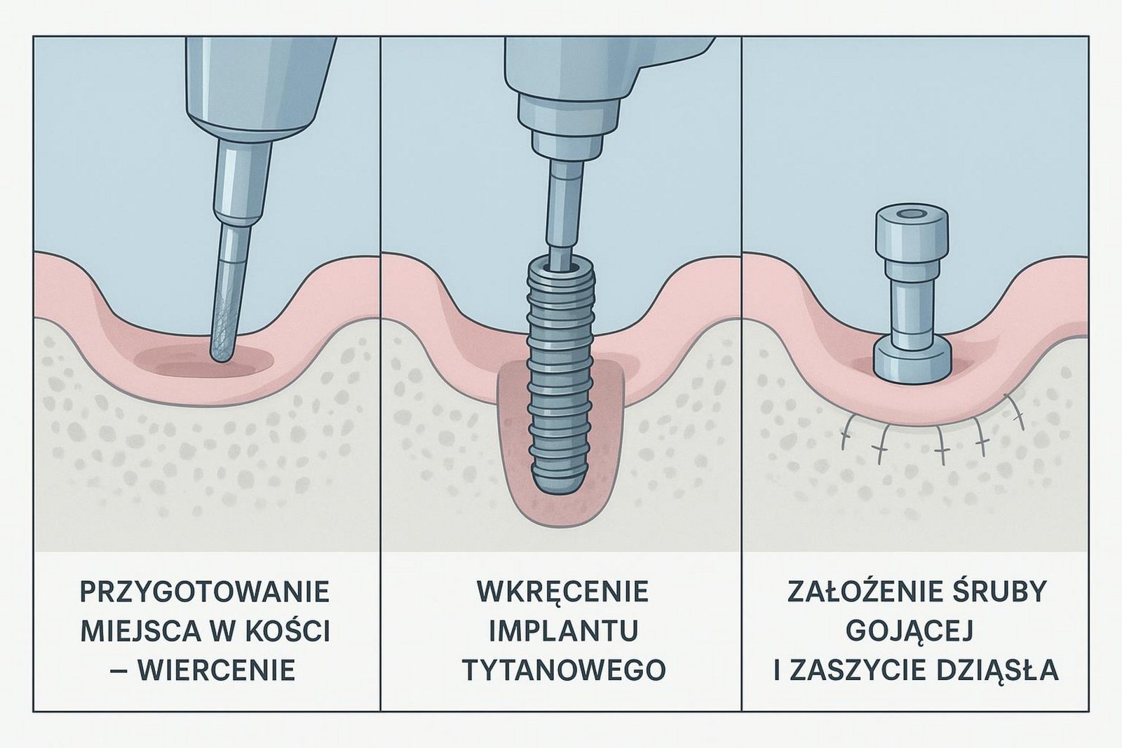 Schemat przedstawiający trzy etapy implantacji zęba: wiercenie w kości, wkręcanie tytanowego implantu oraz założenie śruby gojącej i szycie dziąsła.