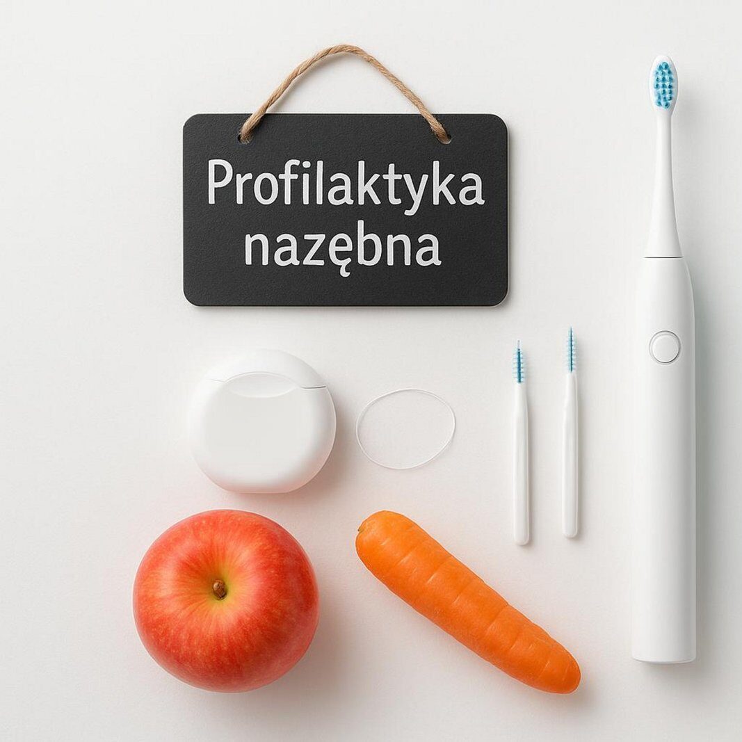 Zestaw do higieny jamy ustnej ułożony na białym tle: szczoteczka elektryczna, nici dentystyczne, szczoteczki międzyzębowe oraz jabłko i marchewka jako elementy zdrowej diety.