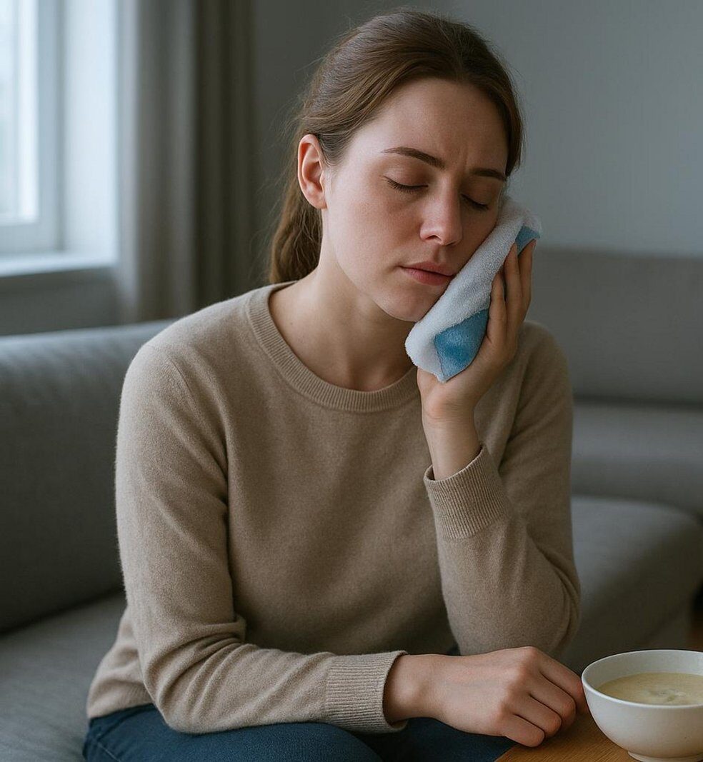 Kobieta trzymająca zimny okład przy policzku po zabiegu stomatologicznym, siedząca przy stole z lekkim posiłkiem, wodą, lekami przeciwbólowymi i kartą z zaleceniami pooperacyjnymi.