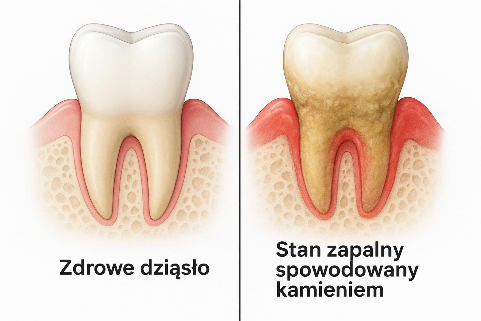 Porównanie dwóch ilustracji: po lewej zdrowy ząb i jasnoróżowe dziąsło, po prawej ząb z nagromadzonym kamieniem oraz zaczerwienione, spuchnięte dziąsło objęte stanem zapalnym.