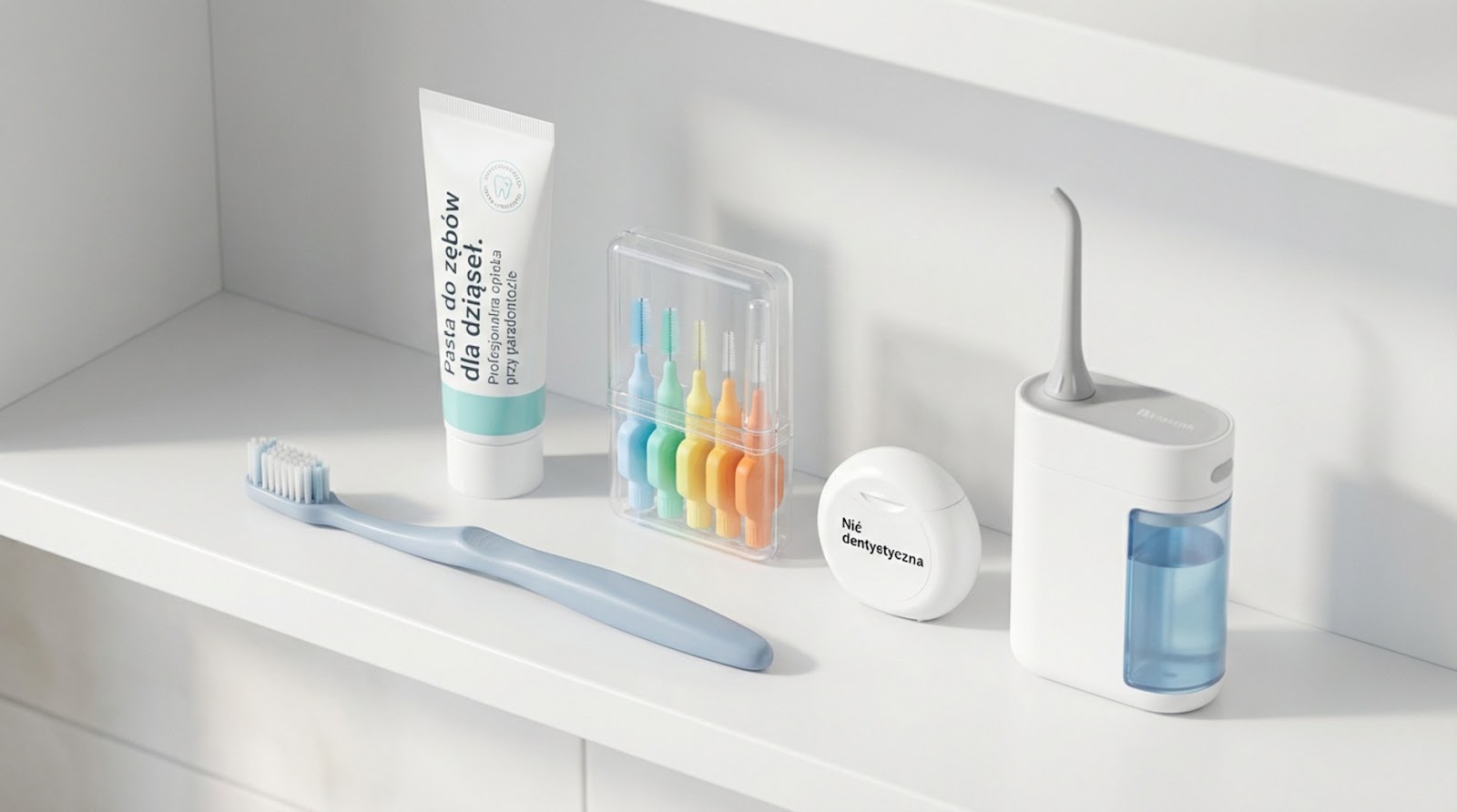 Zestaw przyborów do higieny zębów i dziąseł na białej półce: szczoteczka manualna, pasta do zębów dla dziąseł, kolorowe szczoteczki międzyzębowe, nić dentystyczna oraz irygator bezprzewodowy.