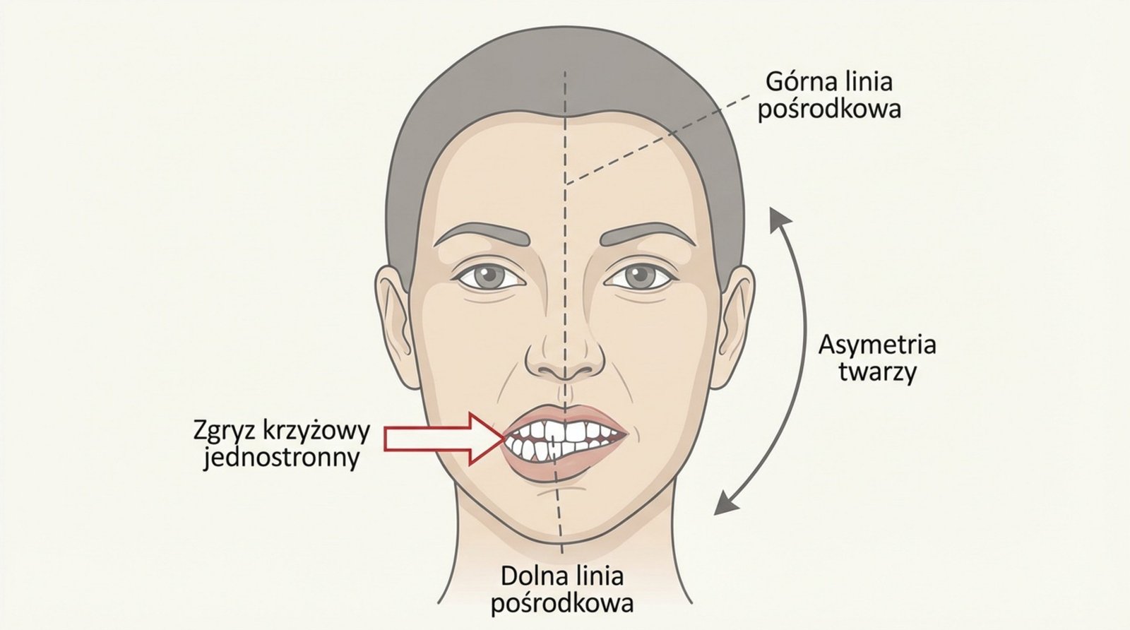 Ilustracja przedstawiająca zgryz krzyżowy jednostronny i asymetrię twarzy, z oznaczeniem linii pośrodkowych