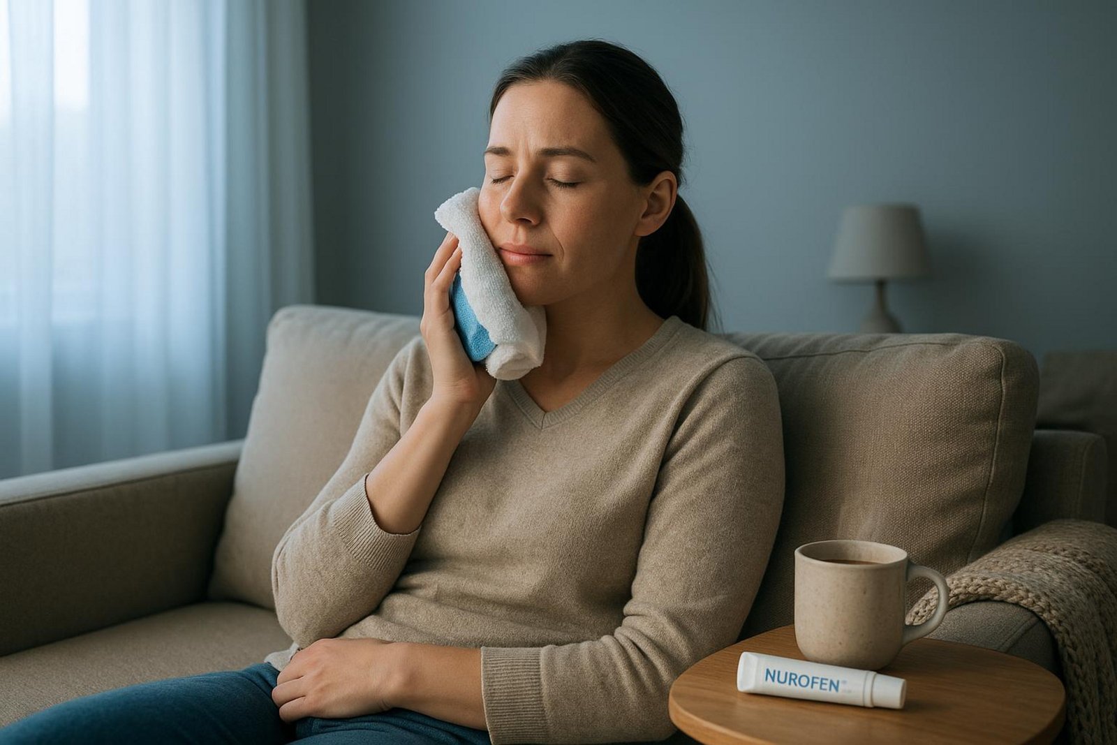 Kobieta trzymająca zimny okład na twarzy, z wyraźnym bólem zęba, obok widoczna tubka Nurofenu