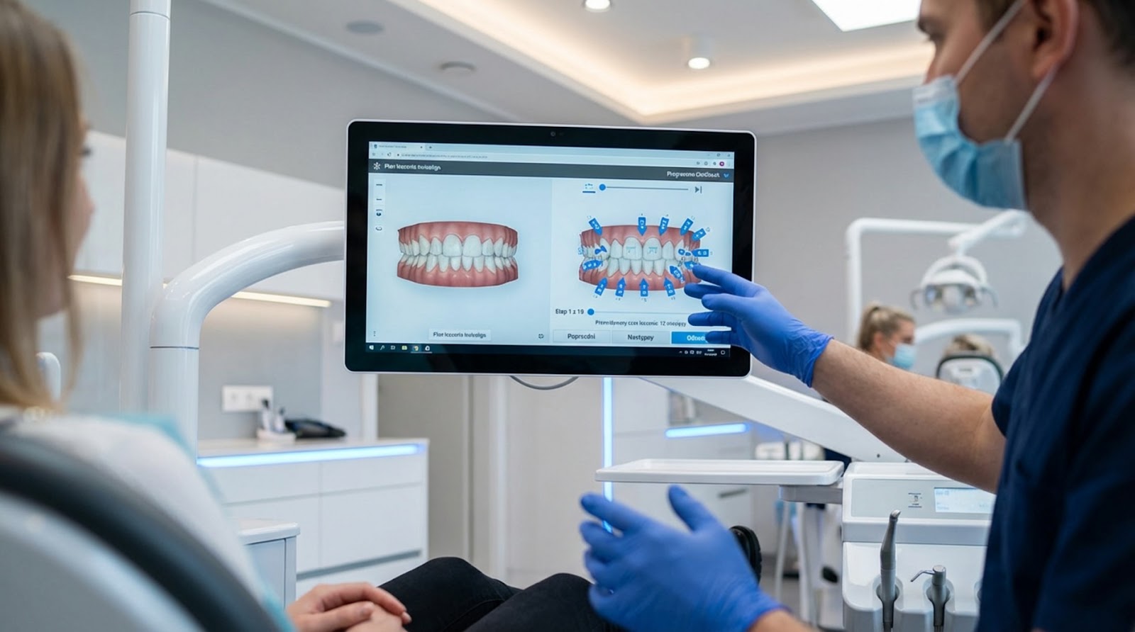 Ortodonta w niebieskich rękawiczkach pokazuje pacjentce na ekranie monitora cyfrową wizualizację 3D uzębienia oraz plan przesunięć zębów w nowoczesnym gabinecie stomatologicznym.