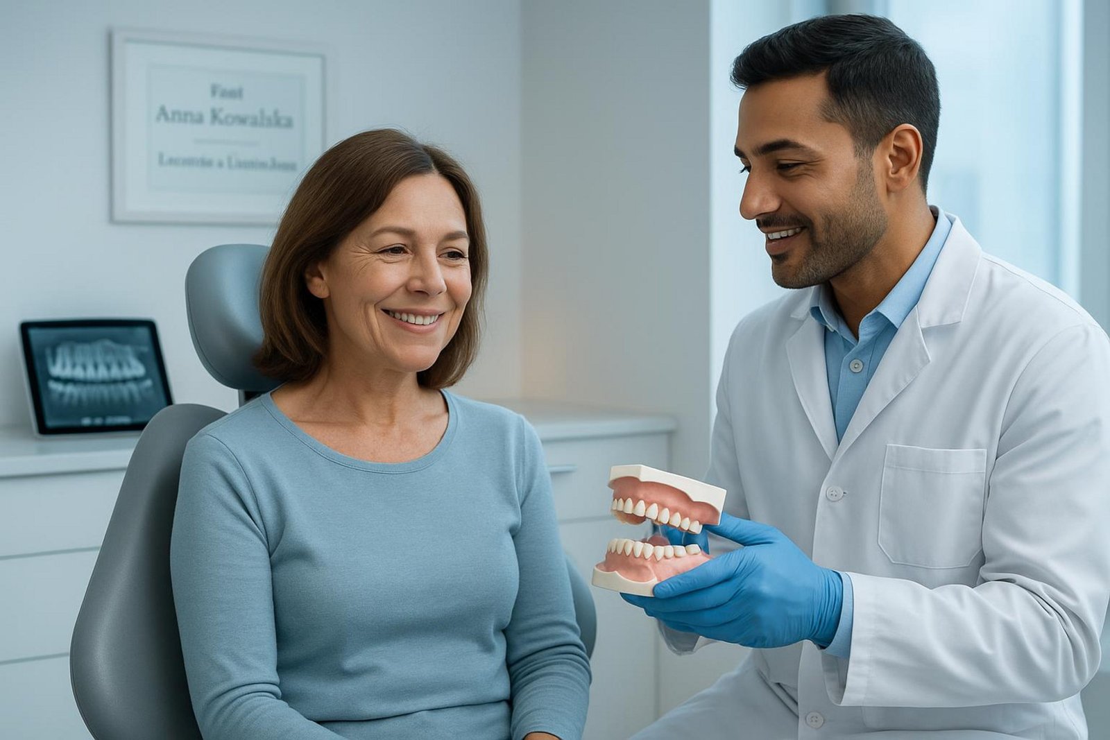 Dentysta pokazujący pacjentce model zębów podczas wizyty w gabinecie stomatologicznym