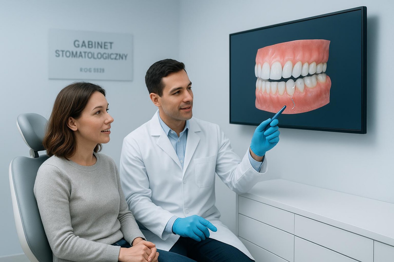 Dentysta tłumaczący pacjentce stan jej zębów przy pomocy wizualizacji na ekranie w gabinecie