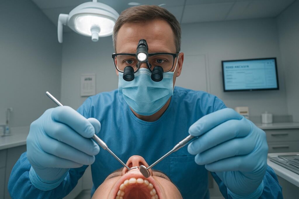 Dentysta przeprowadzający zabieg dentystyczny na pacjencie, używając narzędzi stomatologicznych, w wyposażonym gabinecie