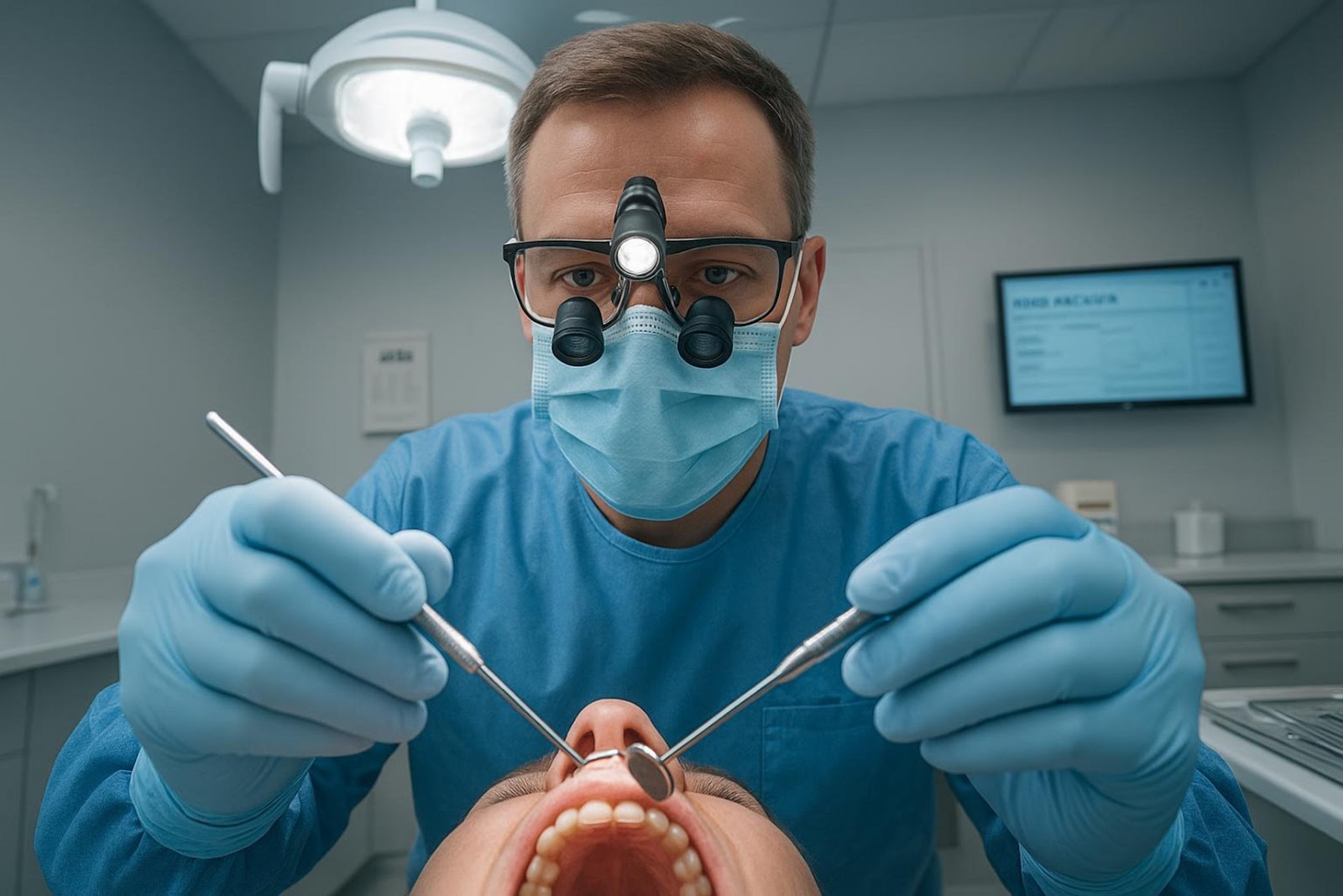 Dentysta przeprowadzający zabieg dentystyczny na pacjencie, używając narzędzi stomatologicznych, w wyposażonym gabinecie