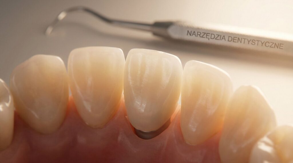 Zbliżenie na zęby z narzędziem dentystycznym w tle, z widocznym napisem "NARZĘDZIA DENTYSTYCZNE"