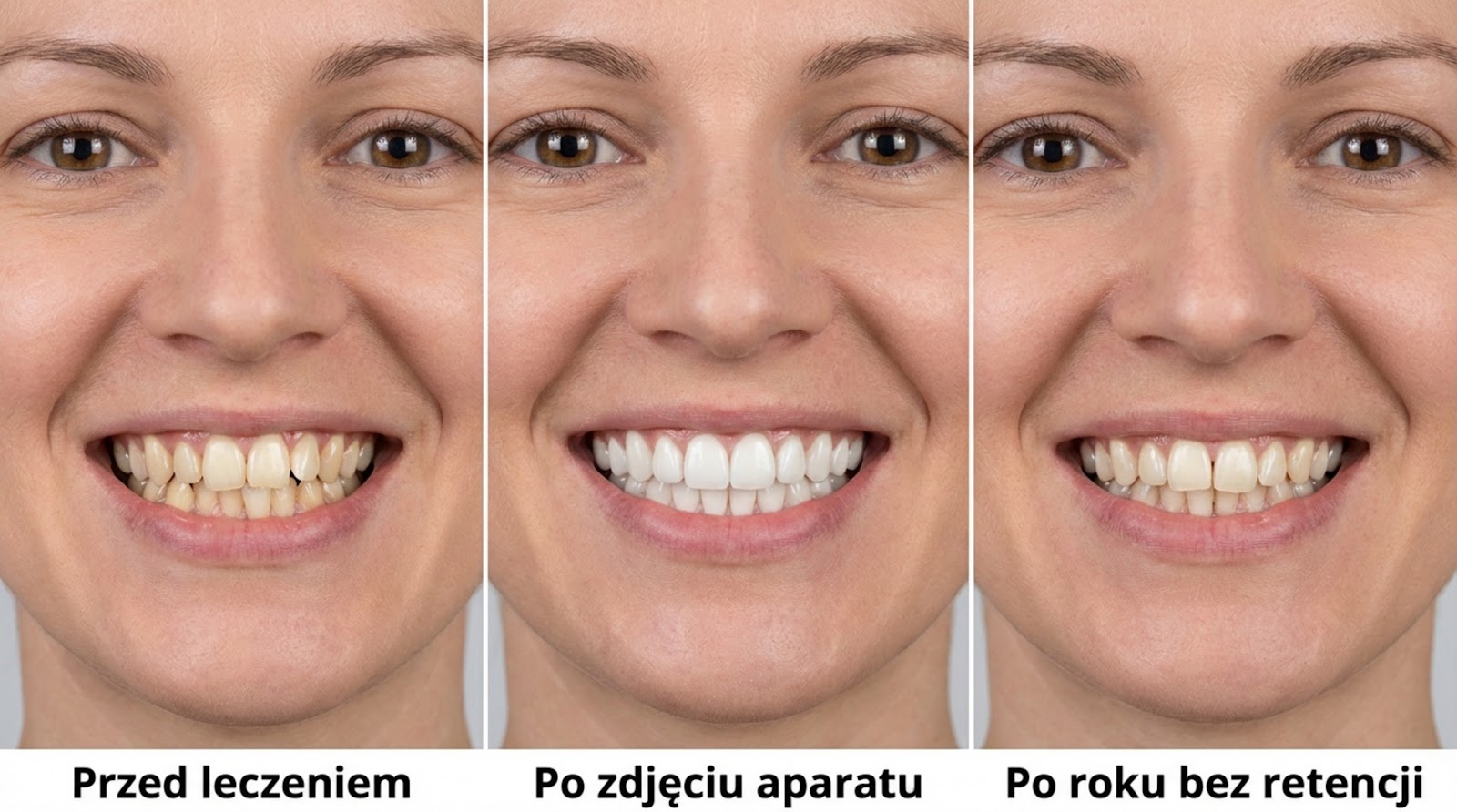 Trzy zdjęcia uśmiechu tej samej kobiety w różnych fazach: przed leczeniem, bezpośrednio po zdjęciu aparatu oraz rok później, pokazujące powrót wady zgryzu z powodu braku noszenia aparatu retencyjnego.