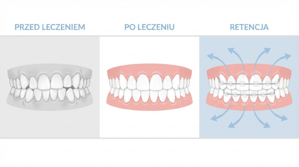 Ilustracja medyczna przedstawiająca trzy fazy: zęby przed leczeniem z wadą zgryzu, idealnie równe zęby po leczeniu oraz fazę retencji z zaznaczonymi strzałkami sił nacisku, które są blokowane przez aparat retencyjny.