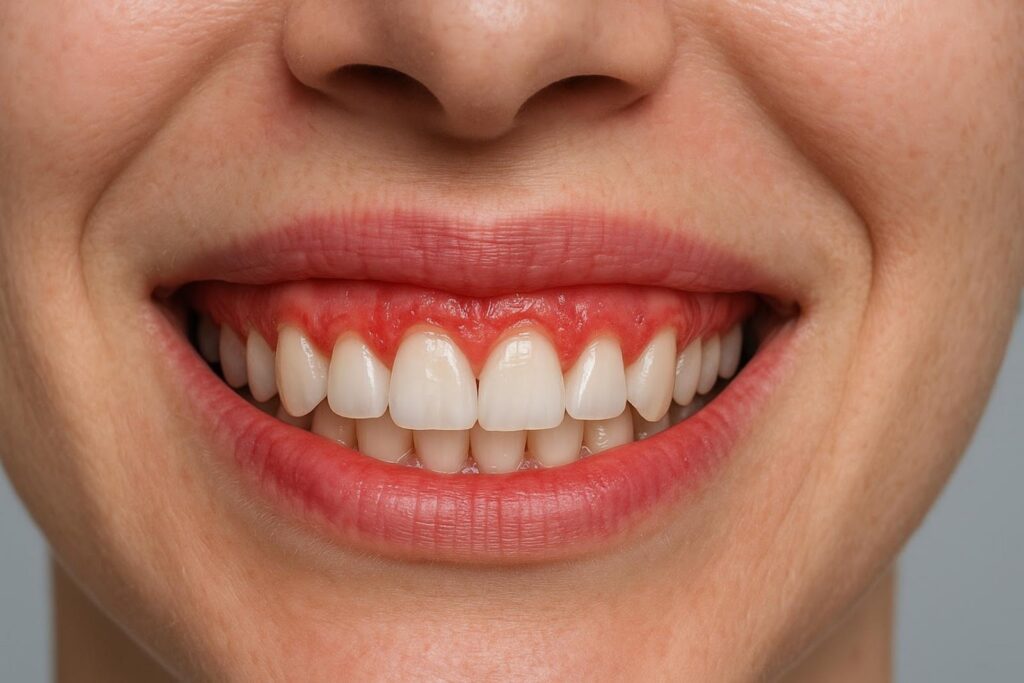 Zdjęcie przedstawiające tzw. "gummy smile" — uśmiech z widocznymi dziąsłami nad zębami