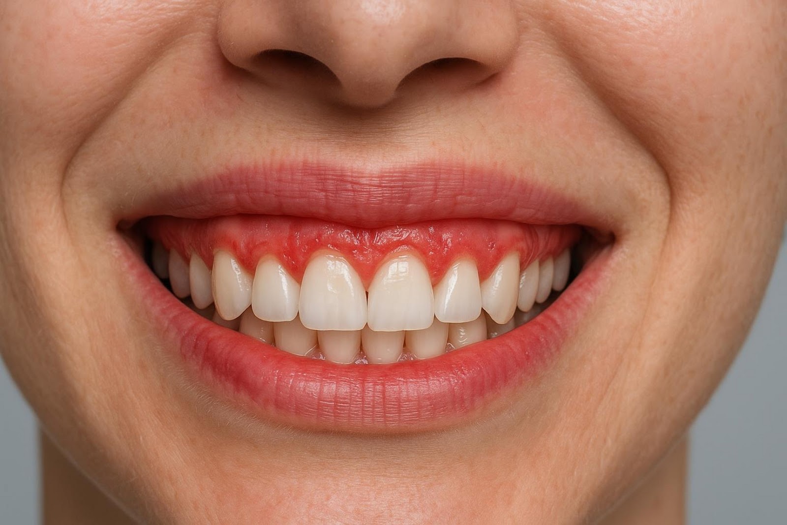 Zdjęcie przedstawiające tzw. "gummy smile" — uśmiech z widocznymi dziąsłami nad zębami