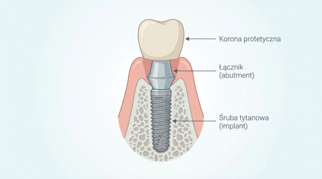 Schemat implantu tytanowego z oznaczeniami: korona protetyczna, łącznik (abutment), śruba tytanowa (implant)