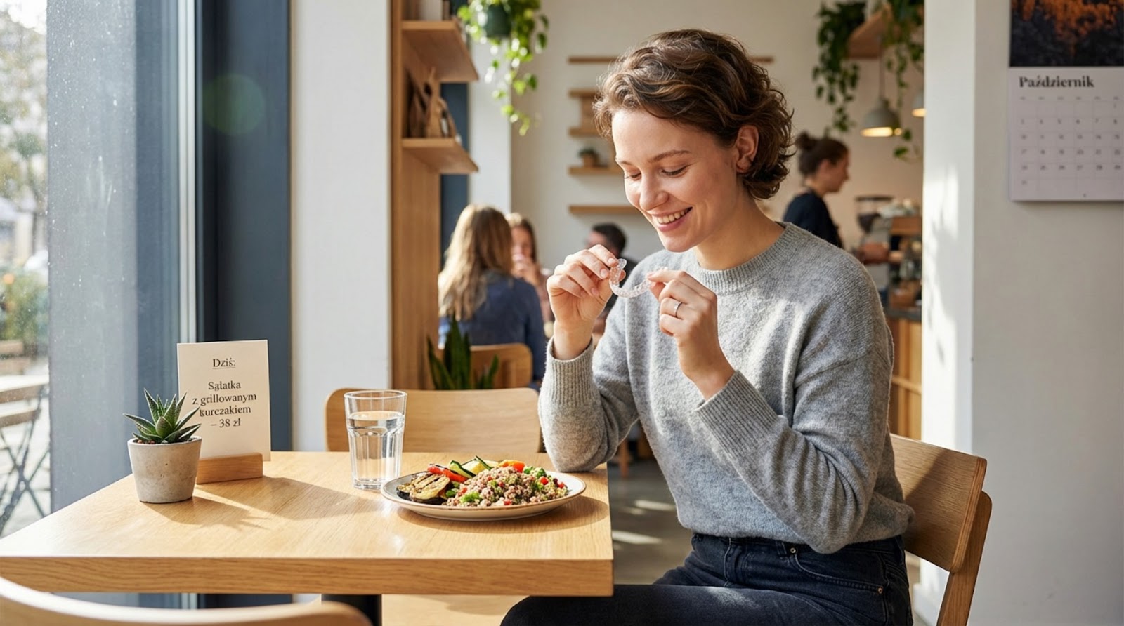 Uśmiechnięta kobieta siedząca w jasnej restauracji przy posiłku, trzymająca w dłoniach przezroczystą nakładkę ortodontyczną, którą zdjęła przed jedzeniem.