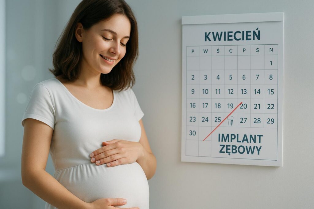 Kobieta w ciąży z uśmiechem stojąca obok kalendarza, z zaznaczoną datą wizyty na implant zębowy