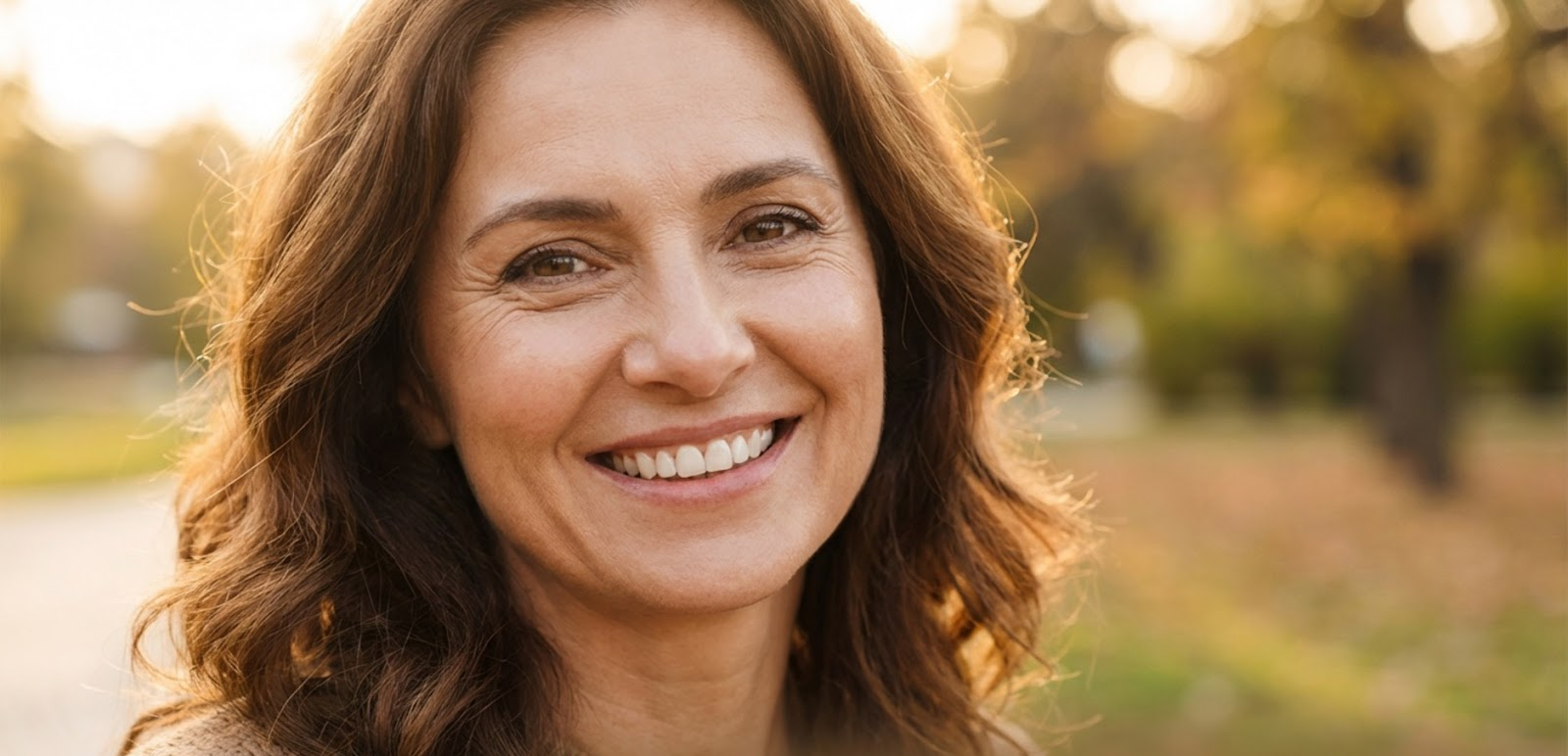 Portret uśmiechniętej, dojrzałej kobiety o brązowych włosach na rozmytym tle jesiennego parku.