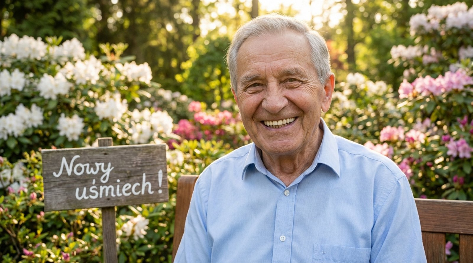Starszy mężczyzna uśmiechający się obok tabliczki z napisem "Nowy uśmiech" w ogrodzie