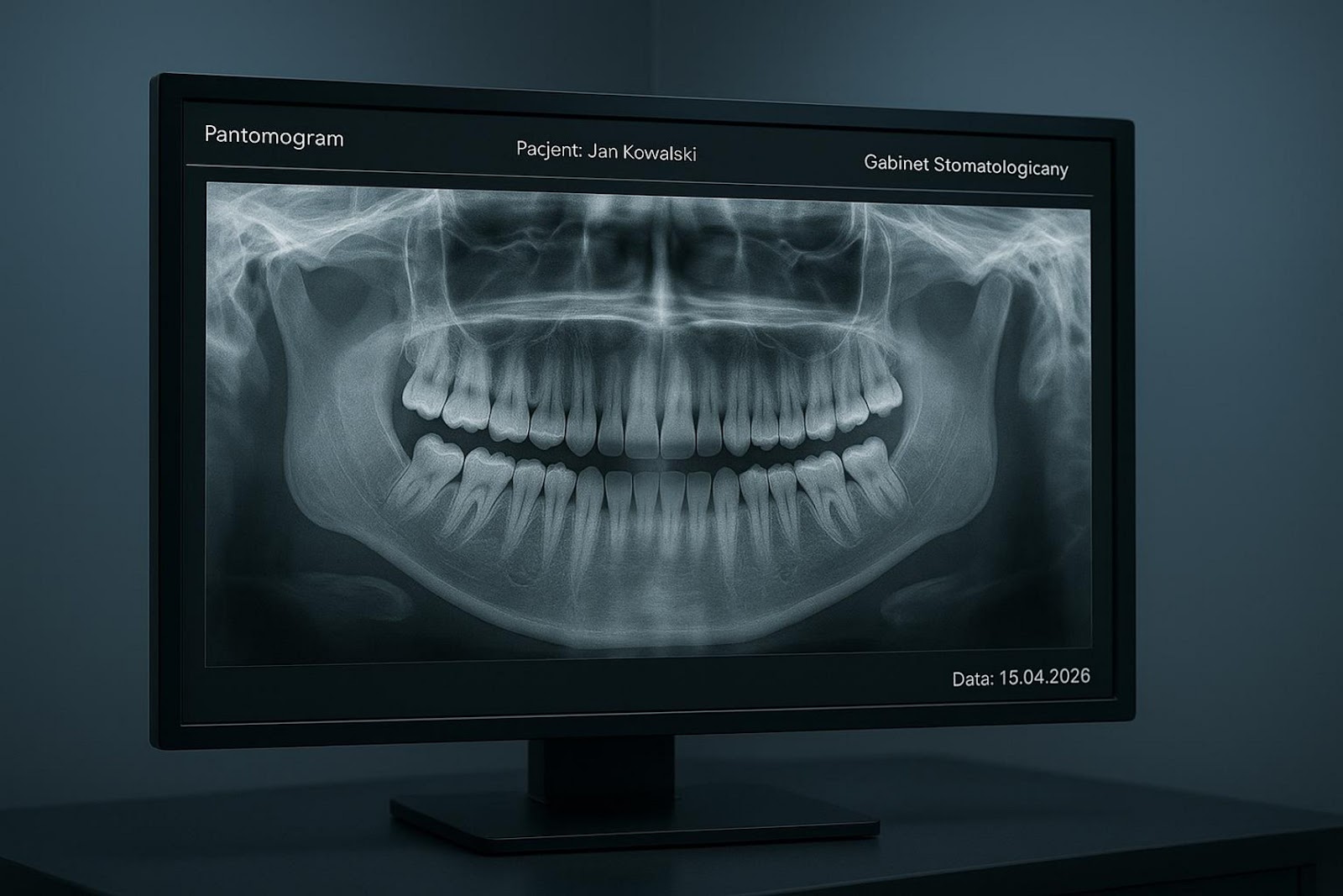 Pantogram zębów pacjenta, wyświetlony na ekranie w gabinecie stomatologicznym