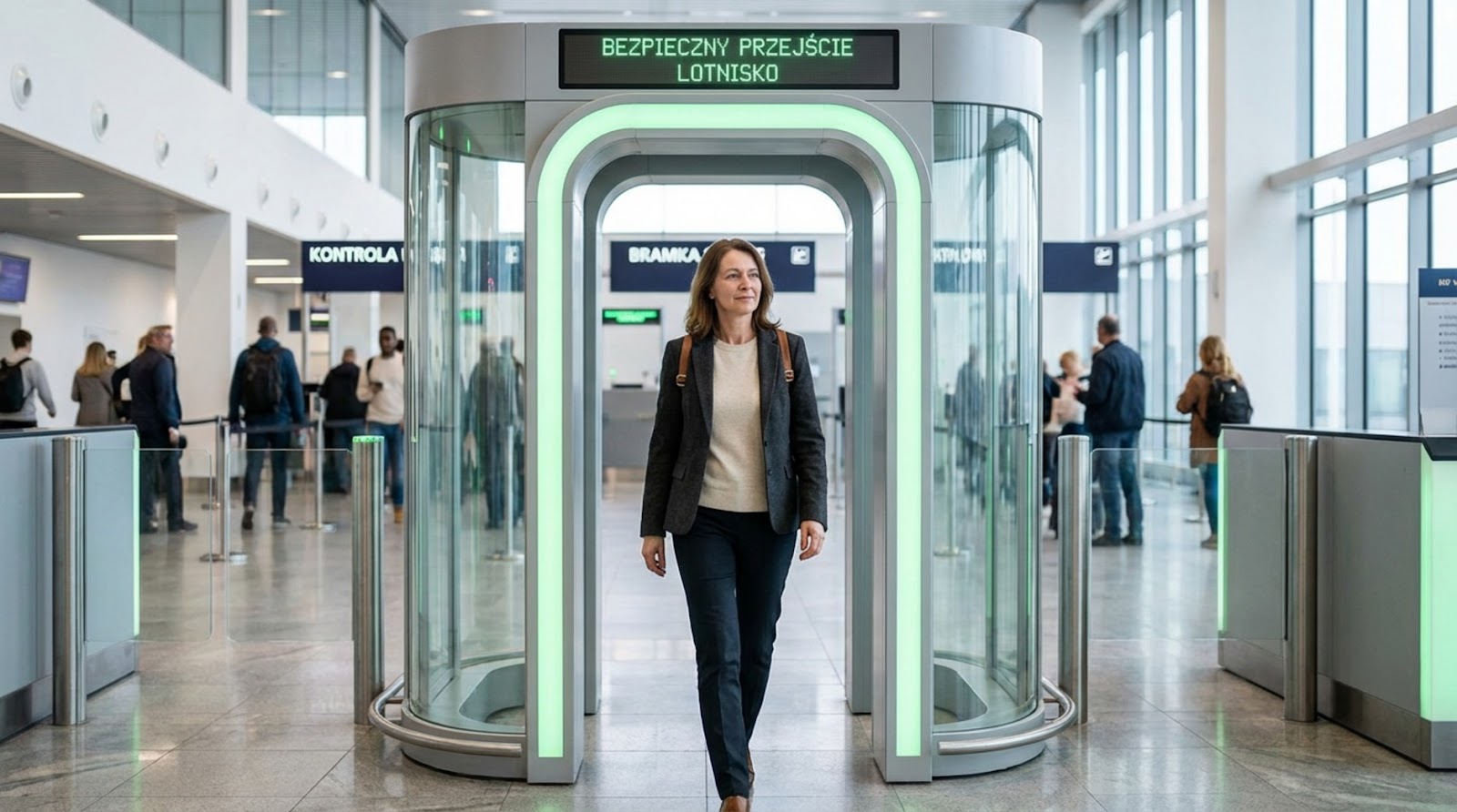 Kobieta w ciemnej marynarce przechodzi przez nowoczesną, podświetloną na zielono bramkę bezpieczeństwa na lotnisku. W tle widoczny terminal oraz inni pasażerowie.