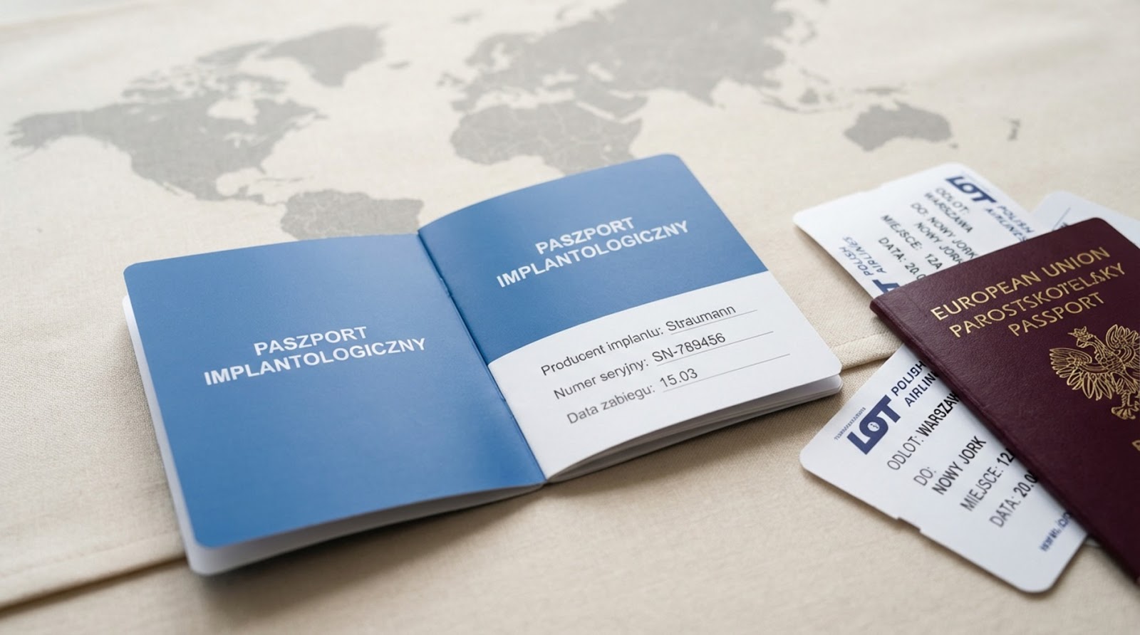 Otwarty niebieski paszport implantologiczny z danymi producenta i numerem seryjnym, leżący obok polskiego paszportu oraz biletów lotniczych na tle mapy świata.