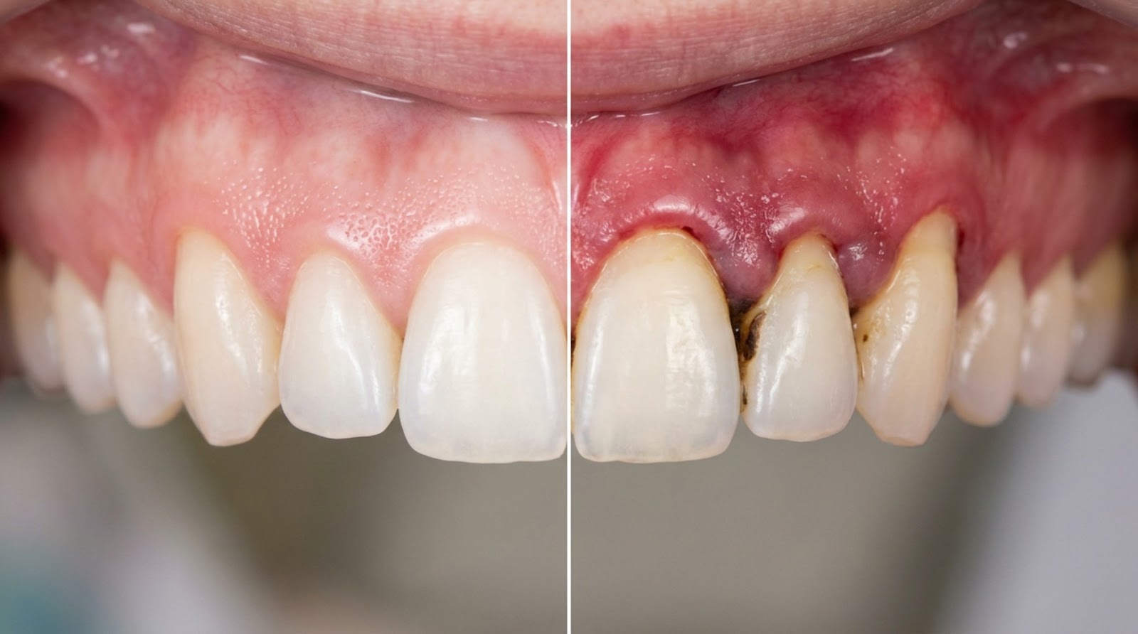Zestawienie fotograficzne dwóch stanów jamy ustnej: po lewej zdrowe, różowe dziąsła i czyste zęby, po prawej zaawansowana choroba przyzębia z silnym zaczerwienieniem, obrzękiem dziąseł, kamieniem nazębnym oraz widoczną recesją odsłaniającą szyjki zębowe.